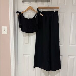 NWOT 2pc Black Women's Two-Piece Set Crop Top Wide Leg Trousers New